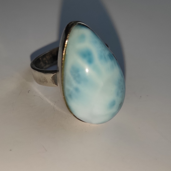 Solid Sterling Silver Pear Larimar Ring Sz 7.75 - Picture 12 of 14